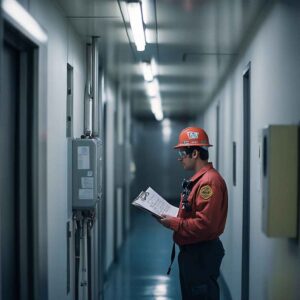Fire safety inspector conducting a Reg4 Inspection in a commercial building hallway 
