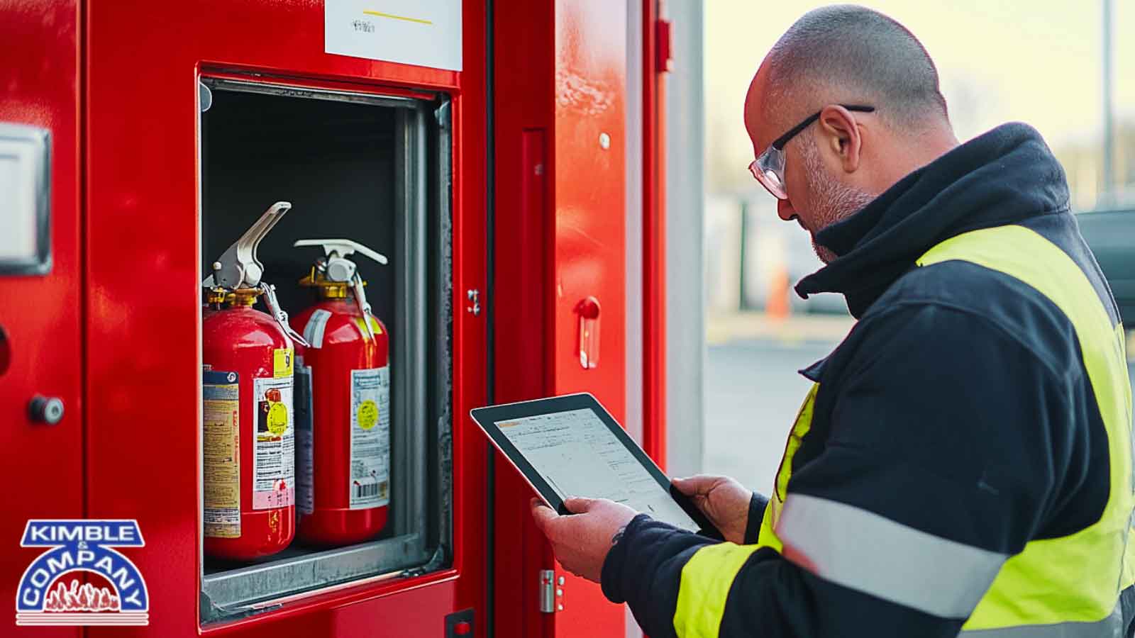 Professional checking extinguisher pressure gauges as part of Annual Fire Inspections in Los Angeles protocols.