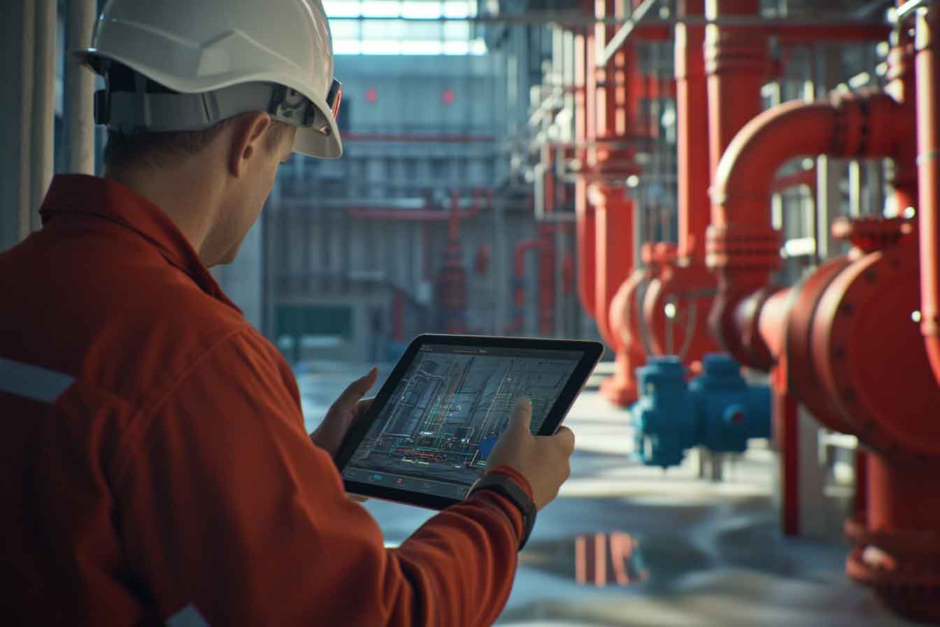 Worker reviewing building plans on a tablet near red fire valves to meet Annual Fire Inspections in Los Angeles standards. 