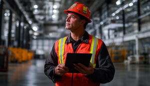 Compliance officer reviewing safety measures during a Reg4 Inspection at a warehouse