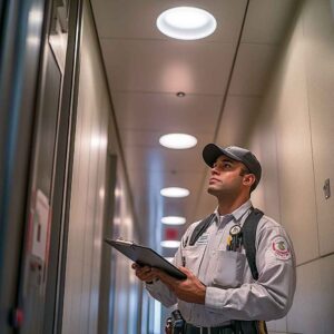 Reg4 Inspection being carried out by a fire safety inspector in a public building corridor 