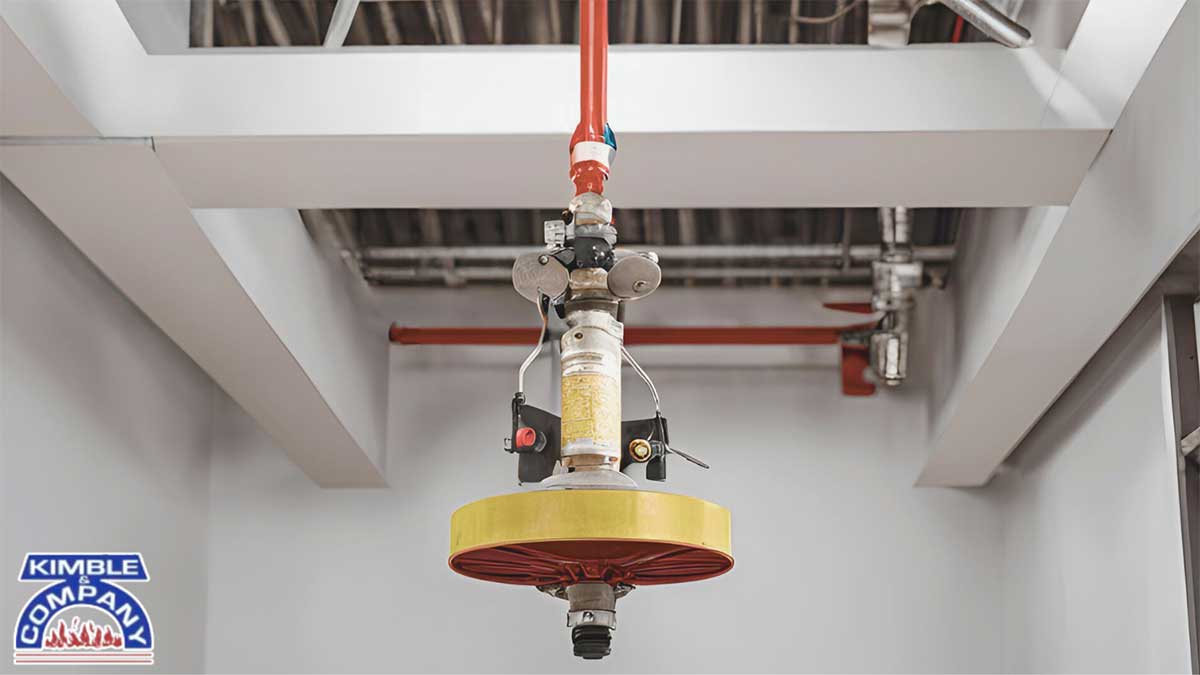 Specialized fire sprinkler maintenance tool attached to a ceiling-mounted sprinkler system.