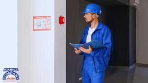 Proactive fire inspections by a technician reviewing an evacuation plan