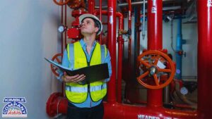 Fire safety technician reviewing fire sprinkler system during annual fire inspections made simple