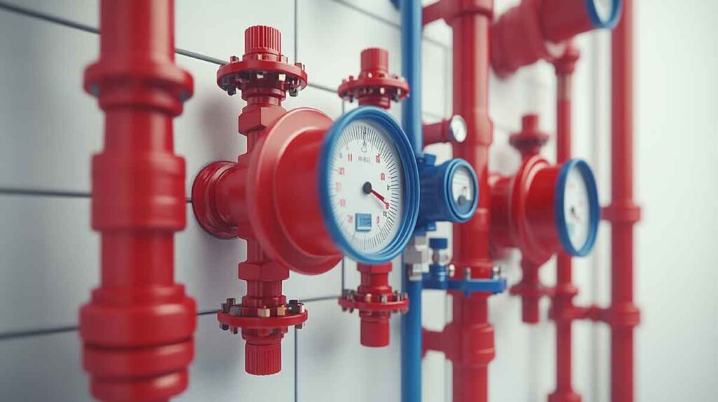 Close-up of fire sprinkler control valves and gauges used in the fire sprinkler installation process. 