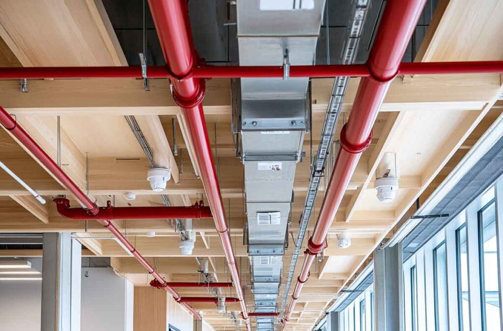 Structural ceiling layout showing red fire sprinkler pipes during the fire sprinkler installation process. 