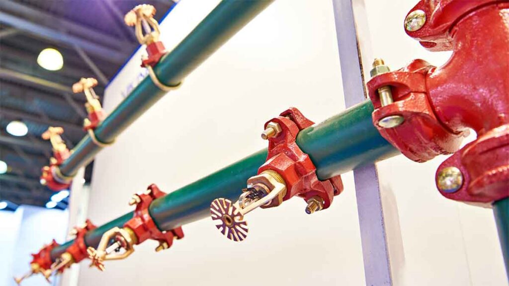 Close-up of a fire sprinkler pipe system with mounted sprinkler heads.