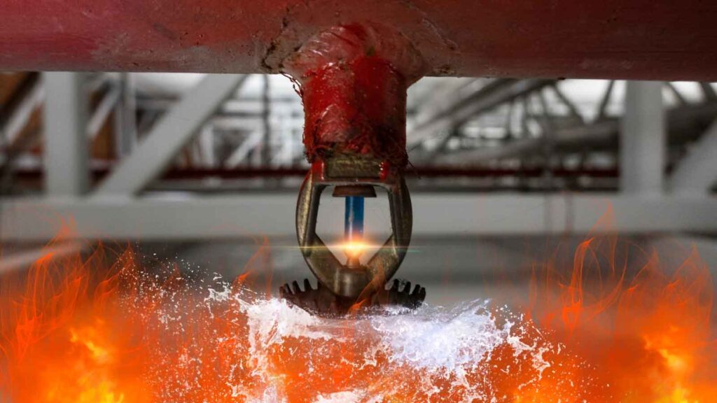Fire sprinkler activating to extinguish surrounding flames.