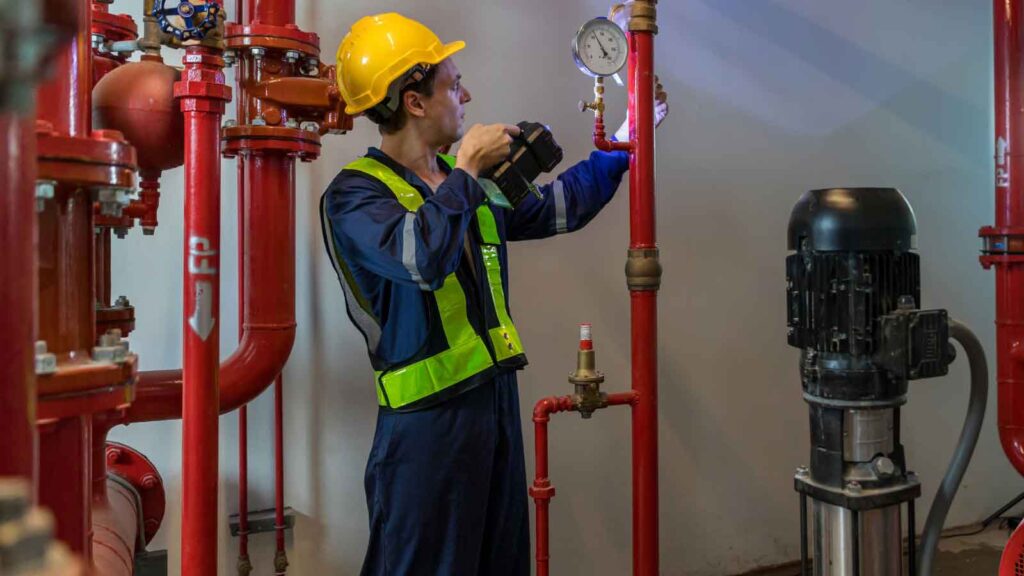 Technician inspects a fire sprinkler system gauge indoors.