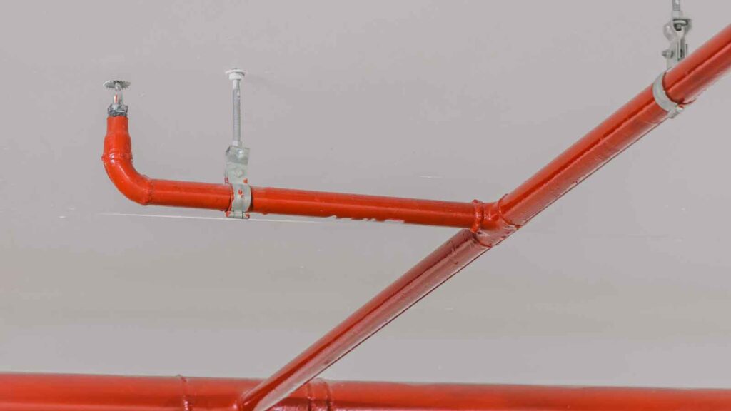 Red fire sprinkler piping system mounted on a ceiling.