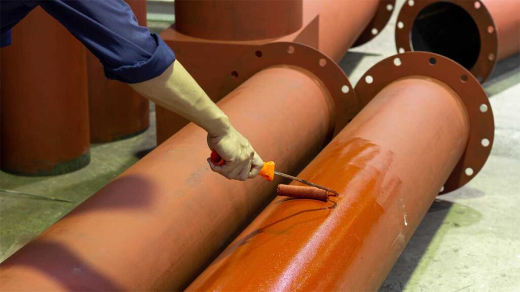 Applying protective coating to fire protection pipes.