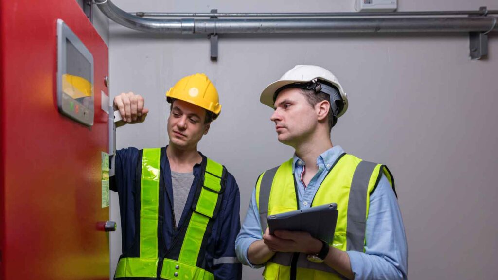 Two workers inspecting and reviewing a fire alarm control panel.