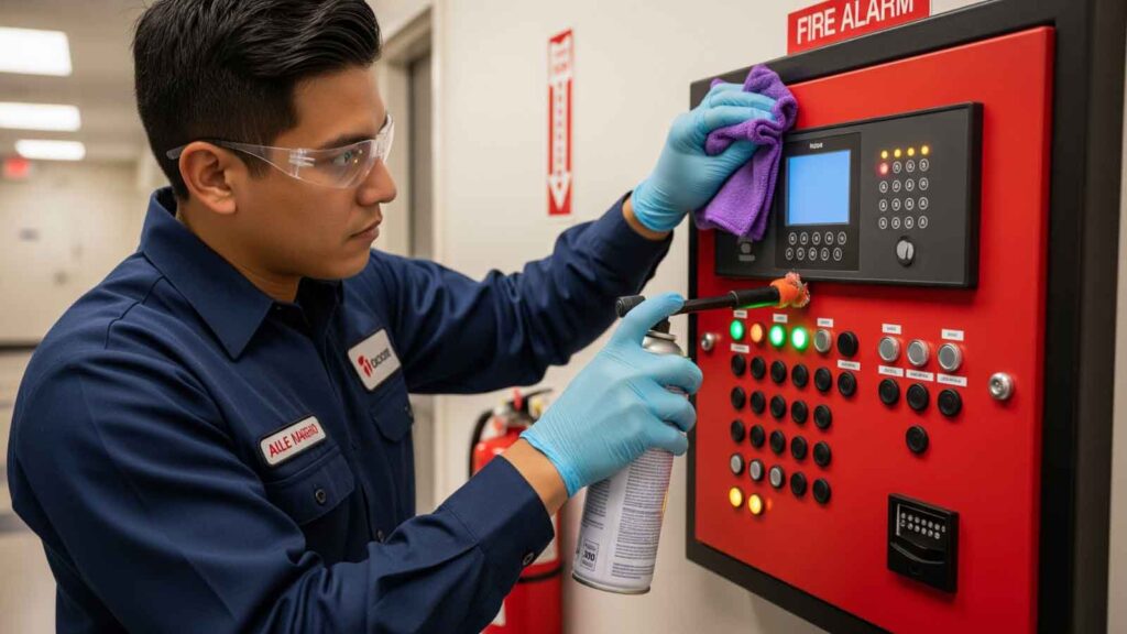Fire safety technician cleaning and testing a fire alarm control panel in a commercial facility to prevent false alarms and ensure reliable system performance. 