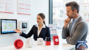 Fire safety consultant explaining different types of fire alarm systems using a touchscreen display with various detectors and control modules for commercial buildings.