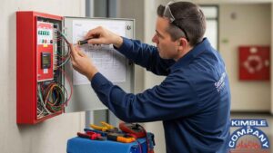 A fire alarm technician repairing a commercial fire alarm control panel, checking wiring connections to identify issues that cause false alarms in business buildings.