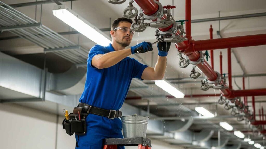 Technician in blue uniform performing maintenance on fire sprinkler system pipes to prevent accidental activation.
