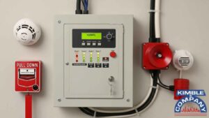 Close-up of a conventional fire alarm control panel with pull station, smoke detectors, and wiring setup, showing a basic system layout for small businesses.