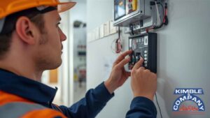 Technician adjusting a commercial fire alarm control panel during system inspection.