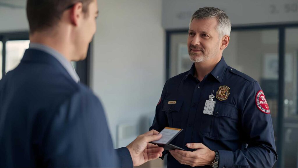 Professional confirming licensing information with a fire alarm inspector.