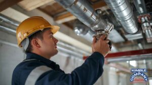 A technician performing a maintenance check on a fire sprinkler.