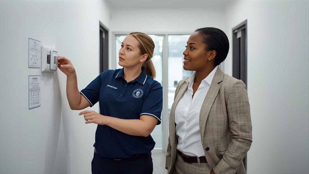 A technician shows a property manager how a fire alarm device works during inspection.
