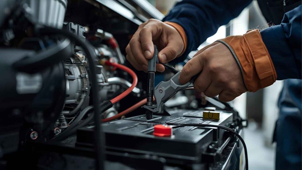 A technician checking battery connections with testing tools on commercial machinery.