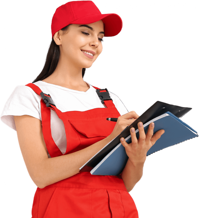female architect red cap with blue folder getting standing posing